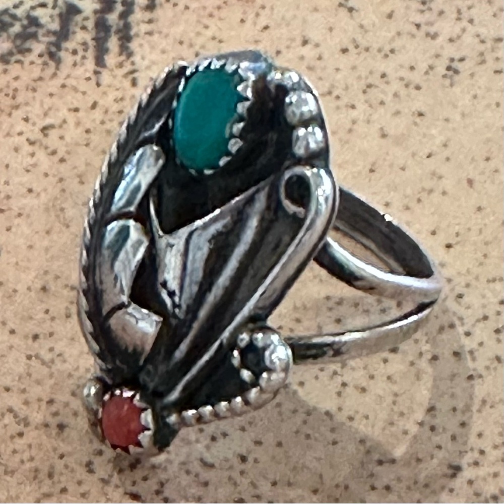 Vintage Old Pawn Sterling Silver Turquoise & Coral Statement Ring  size 7